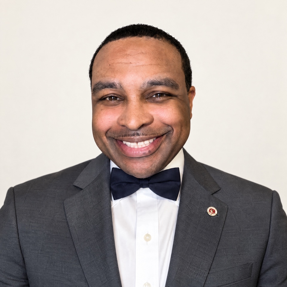 Angelo Muhammad, founder of Swift Originalz, smiling in a charcoal suit and bow tie.