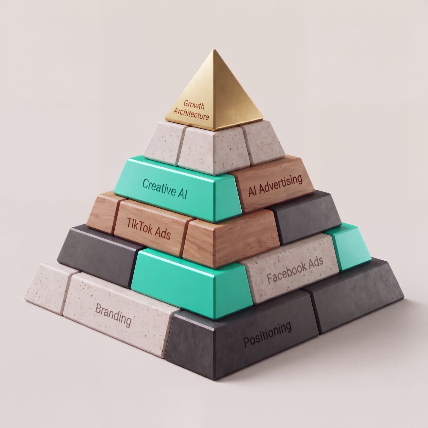 Textured building blocks form a pyramid, topped with a gold Growth Architecture capstone.